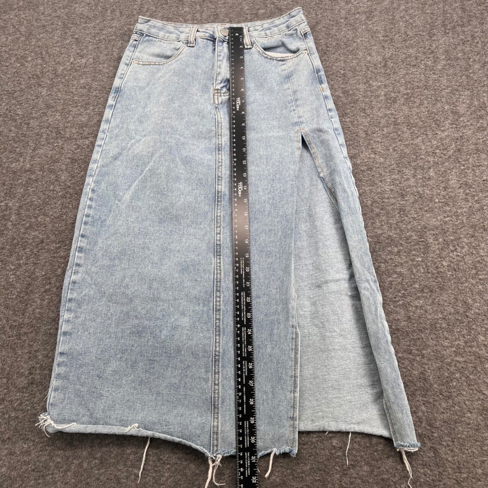 Shein Light Wash Denim Maxi Skirt High Waisted Side Slit Raw Hem Blue Size L - Picture 11 of 12